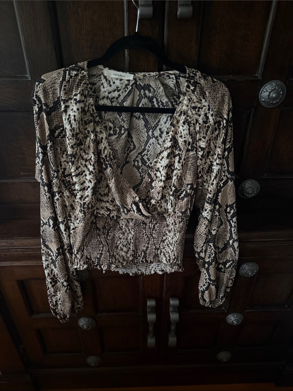 Snake-Print Wrap Blouse in Brown by Unknown Brand